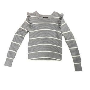 BANANA REPUBLIC Women's Medium Gray White Stripe Ruffled Sweater‎ Ribbed EUC